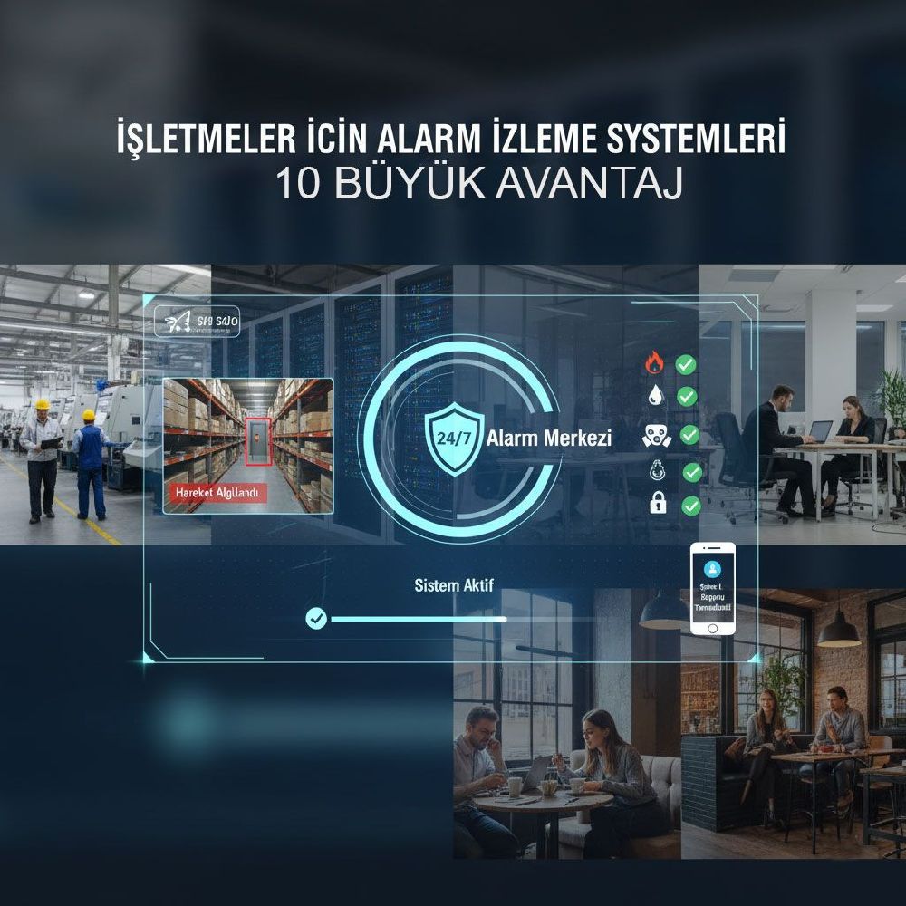İşletmeler için 7/24 alarm izleme sistemlerinin çalışma prensibini gösteren infografik. Alarm merkezi, sensörler, mobil bildirimler ve farklı işletme ortamlarında güvenliği temsil ediyor.